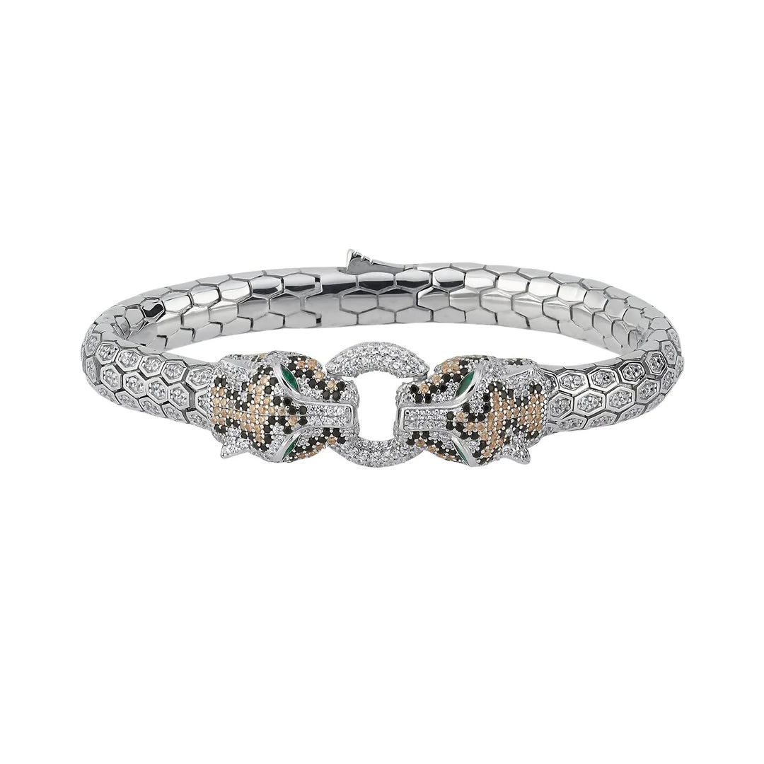 Panther Head Silver Bracelet with Zircon Diamonds