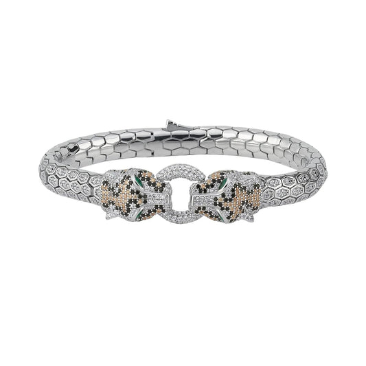 Panther Head Silver Bracelet with Zircon Diamonds